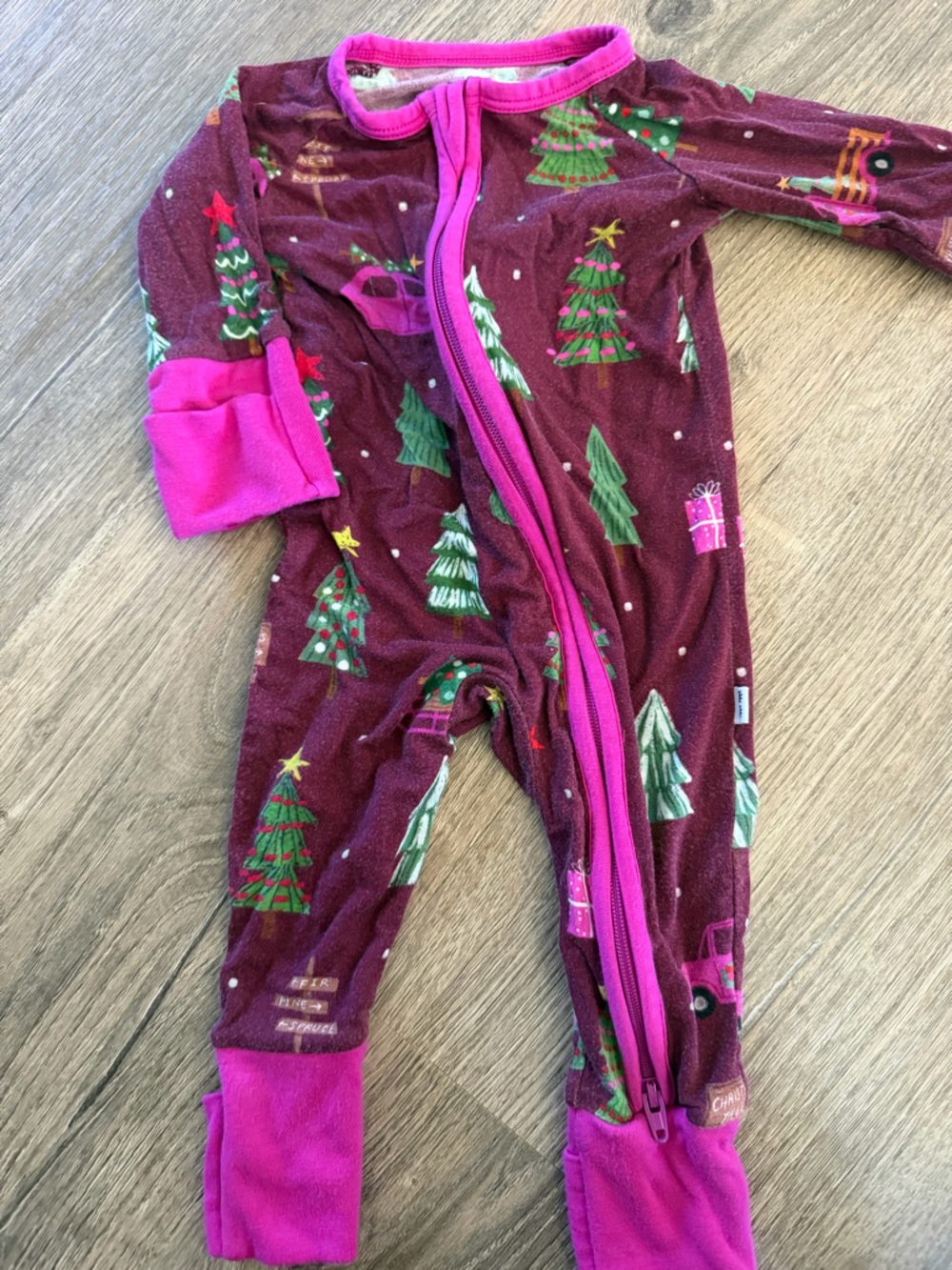 Newborn Little Sleepies Burgundy Christmas Tree Footed Pajama with Pink Trim
